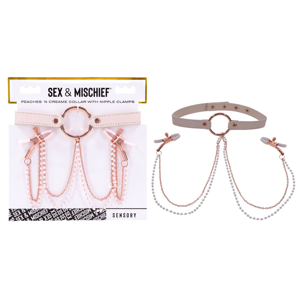 Sex & Mischief Peaches N Crea Me Collar With Nipple Clamps Peach Nipple Restraints