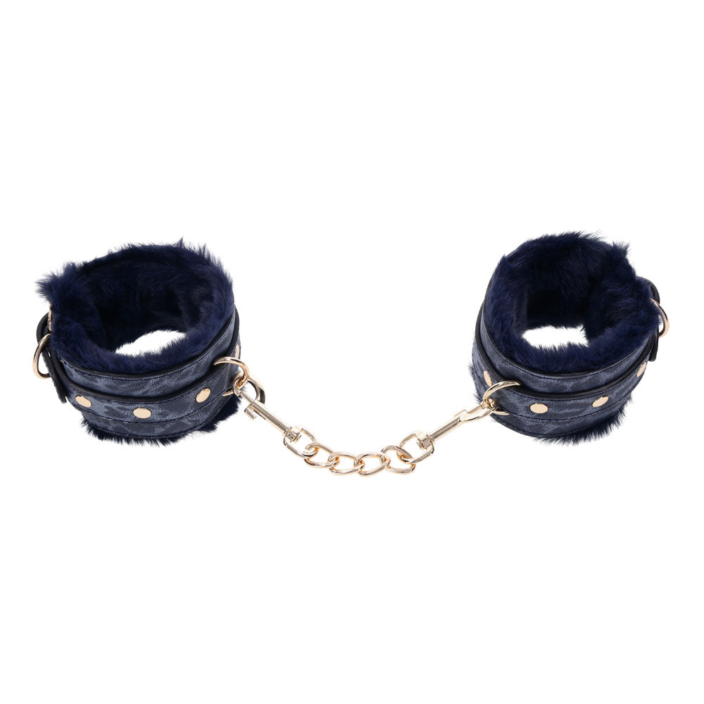 Sex & Mischief Cougar Fur Handcuffs Navy Blue/Gold Furry Restraints